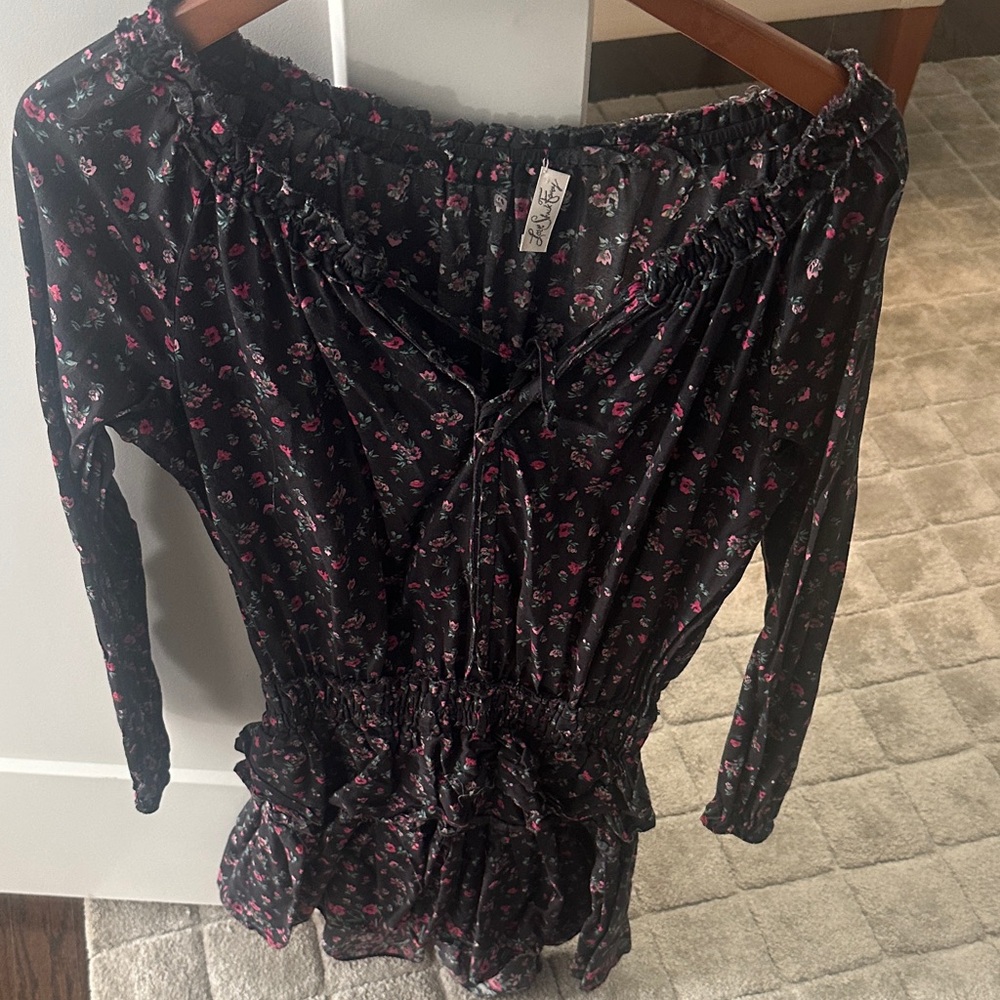 LoveShackFancy Black and Pink Floral Long Sleeve Dress